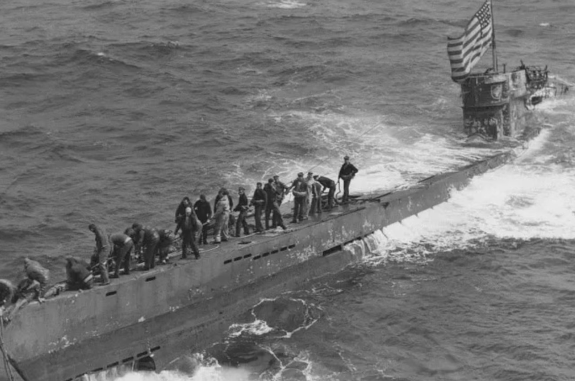 U.S. sailors secure the German U-boat U-505 off the coast of Africa. 